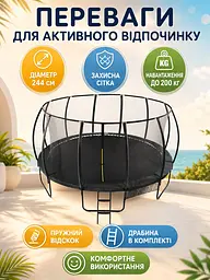 Батут спортивний 244 см із захисною сіткою, драбиною та пружинами до 200 кг чорний (49676150) - мініатюра 2