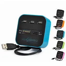 USB хаб подовжувач квадратний картридер концентратор на 3 порти чорний