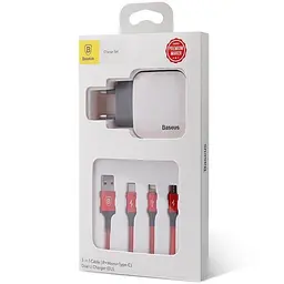 Мережевий зарядний пристрій Baseus Letour 2USB + Red Cable USB to Lightning/XiaomicroUSB/Type-C 2.4A TZCL-D92 White-Silver - мініатюра 2