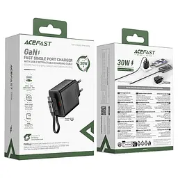 Мережевий зарядний пристрій з кабелем Acefast A110 PD30W GaN charger (USB-C+USB-C) with retractable cable (EU) чорний - мініатюра 2
