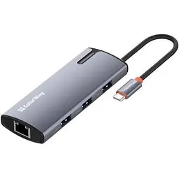 Хаб Usb ColorWay 6-in-1, Grey, Type-C 3.0 - 1xType-C (100 Вт) / 3xUsb 3.0 / 1xUsb 2.0 / GLan, кабель 17 см, алюмінієвий корпус