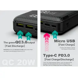 Портативний зовнішній акумулятор Pineng PN-861 20000 mAh Power Bank Чорний - мініатюра 5