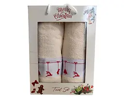 Набір новорічних рушників Gulcan 50x90+70х140 Merry Christmas Decorations Beige