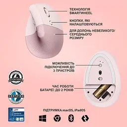Бездротова миша Logitech Lift Vertical Ergonomic Mouse Wireless/Bluetooth Rose (910-006478) - мініатюра 6