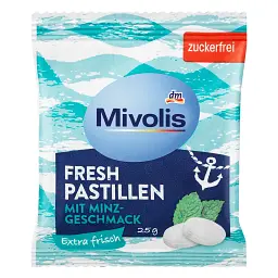 Пастилки Mivolis Fresh зі смаком м'яти, без цукру, 25 г, від DM (Німеччина)