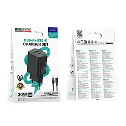 Мережевий зарядний пристрій BOROFONE BAS85A Star PD30W+QC3.0 charger set (C to C) (EU) Чорний - мініатюра 2