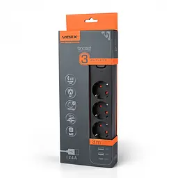 Мережевий подовжувач Videx Oncord з/з 3 п 3 м (3x1.5 мм) 2.4А 2USB+USB-C з кнопкою чорний (VF-PD33G2U1C-B) - мініатюра 12