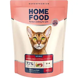 Сухий корм для стерилізованих кішок і кастрованих котів Home Food Adult з качиним філе та грушею 400 г