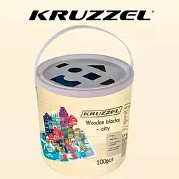 Дитячий дерев’яний конструктор Kruzzel 19159, 100 деталей, міський набір з пазлом, машинками та фігурками, у відрі - мініатюра 5