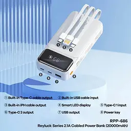 Зовнішній акумулятор Power Bank Remax RPP-686 20000 mAh УМБ павербанк White (19111) - мініатюра 6