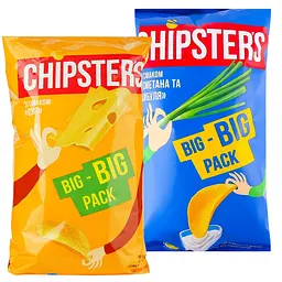 Набір чипсів Chipster's: зі смаком сиру + зі смаком сметани та цибулі 300 г (2 шт. х 150 г)