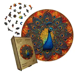 Дерев'яний фігурний пазл Мандала Павича, А4, Картонна коробка 100 елементів