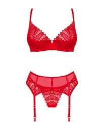 Комплект Obsessive Ingridia 3-pcs set XL/2XL, червоний, бюстгальтер, стрінги, пояс - мініатюра 3
