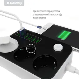 Мережевий фільтр-подовжувач ColorWay CHE-36B 17W, 3 розетки, 6xUSB, 1.8 м - мініатюра 4