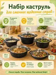 Набір посуду 10 предметів чорний з антипригарним покриттям, каструлі та сковорода для індукції (49675917) - мініатюра 3