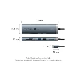 Концентратор Vention USB-C 7-in-1 USB-C PD + USB 3.2 + USB 3.0 + USB 2.0 + RJ45 + SD/TF + HDMI 0.15m (TGUHB) - мініатюра 11