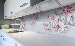 Кухонний фартух Рожеві Жоржини вінілова наклейка для кухні ПВХ Квіти Сірий 60х250 см Happy Pocket Z181363