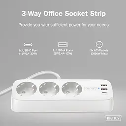 Digitus Блок розеток DIGITUS Office, 3xSchuko, 2xUSB-A, 1xUSB-C, 16A, 1.5м, вилка Schuko, білий - мініатюра 5