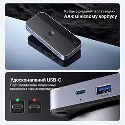 USB-перемикач периферії UGREEN CM662 для спільного використання 4 USB-пристроїв між 2 комп’ютерами входи 2 USB-A виходи 3 USB-A та 1 USB-C USB 3.0 до 5 Гбіт/с перемикання кнопкою на корпусі або комплектною виносною кнопкою Mini-USB з кабелем 1,5 м вхід додаткового живлення USB-C 5 В до 2 А зі світловою індикацією вибраного комп’ютера без встановлення драйверів для Windows macOS Linux у комплекті 2 кабелі USB-A на USB-A по 1,5 м чорний зі сріблясто-сірими боками (15705) - мініатюра 8
