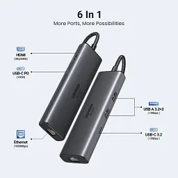 Концентратор Ugreen USB-C to HDMI + 2xUSB 3.2 + USB-C 3.2 + RJ45 + PD CM512 gray (45000) - мініатюра 2