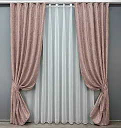 Комплект штор с тюлем VR-Textil Лен Мрамор, пудровый с белым, 2 шторы 100×270 см + тюль 300×270 см, арт. 71-012/1