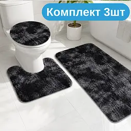 Практичний комплект м'яких килимків для ванної 3 шт , пухнасті антиковзкі килимки сіро-чорний KT9000602 - мініатюра 2