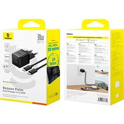 Зарядний пристрій Baseus Palm Fast Charger C+U 30W EU Cluster Black (with Mini White Cable USB-C to USB-C 60W (20V/3A) 1m) (P1011160A113-01) - мініатюра 2