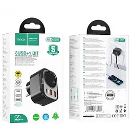 Мережевий фільтр HOCO NS3 на 1 розетку + 2 USB + USB-C, 20W, 220В, Black - мініатюра 4