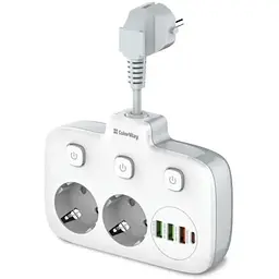 Фільтр мережевий ColorWay, 2 розетки, 2.5 см, білий, 1xType-C (20 Вт) / 3xUSB (18 Вт / 2x12 Вт), 10А, дріт з міді (до 2500 Вт),