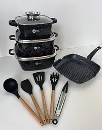 Набір каструль, сотейник і квадратна сковорода Higher Kitchen з лопатками 14 предметів червоний, чорний HK-317