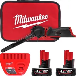 Шлифмашина ленточная аккумуляторная бесщеточная MILWAUKEE, M12 FBFL13-402B, 13мм (ЗУ, 2х4Ач, сумка)
