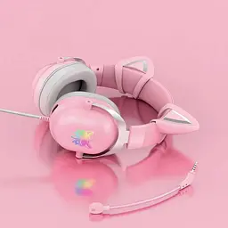 Ігрові дротові навушники Onikuma X11 з котячими вушками з мікрофоном і LED RGB підсвічуванням Рожевий - мініатюра 2