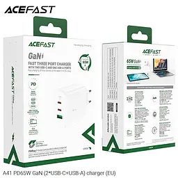 Зарядний пристрій Acefast GaN A41 3 виходи 2*Type-C і 1*USB 65W біле - мініатюра 4