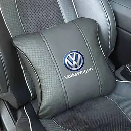 Подушка на підголівник з логотипом Volkswagen Екошкіра 3D Кольоровий лого Чорна-Чорний кант 1 шт