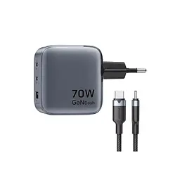 Зарядний пристрій Vention 2xUSB-C PD 70 Вт + 1xUSB QC 3.0 22.5 Вт GaN + кабель USB-C — USB-C 1.0 м чорно-сірий (TZ-FEXH0-EU) - мініатюра 4