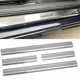 Накладки на пороги для Volkswagen Passat B6 / B7 / CC 2005-2010 (Europe) Нержавіюча сталь із загином та Логотипом 4 шт (Premium P-VW20)