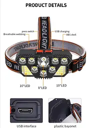 Яскравий потужний акумуляторний ліхтар налобний Headlight CLT28 20 світлодіодів 35Вт надяскравий ліхтар - мініатюра 3