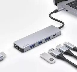 USB-Хаб Proove Type-C-Хаб Iron Link 5 in 1 (3*USB3.0 + Tyce C + HDMI) silver (HBIL00010604) - мініатюра 4