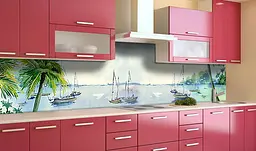 Вініловий кухонний фартух Happy Pocket Море Акварель наклейка для кухні ПВХ яхти пальми Блакитний Z181829 - мініатюра 2