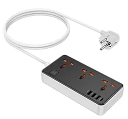 Мережевий фільтр подовжувач Hoco AC8-A 3 розетки + 3 USB+USB-C 30W 220В кабель 15м Black-White - мініатюра 2
