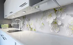 Кухонний фартух Білі Квіти Вишні вінілова наклейка для кухні ПВХ роса краплі 60х200 см Happy Pocket Z181336