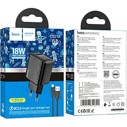 Комплект зарядного пристрою Hoco CS21A Single port 1USB 18W 5V/3A 9V/2A Quick Charge 3.0 USB/ Micro-USB 1м Black - мініатюра 2