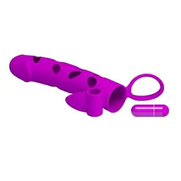 Насадка на член - Pretty Love Vibrating Penis Sleeve With Ball Strap 6" Purple - мініатюра 3