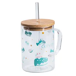 Чашка TS Kitchen скляна дитяча з принтом та бамбуковою кришкою зелена 500 мл HP7214D - мініатюра 3