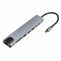 Розгалужувач, кардридер Хаб 2E W2681 USB-C Grey USB-A 2.0/USB-A 3.0/2xUSB-C PD/HDMI/microSD/SD/Ethernet, 0.13 м