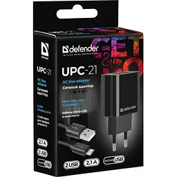 Зарядний пристрій 2xUSB 12W 2.1A UPC-21 +кабель microUSB, чорний Defender (83581) - мініатюра 2