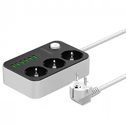 Мережевий фільтр подовжувач чорний 3 розетки з 6 USB 2м із захистом із заземленням LDNIO SE3631 2500W 10A