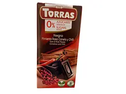 Чорний шоколад Torras з рожевим перцем, чилі та корицею без цукру та глютену 75 г (8410342004550)