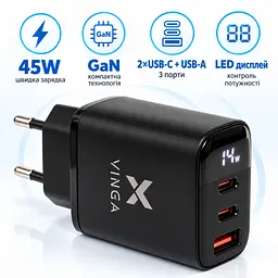 Зарядний пристрій Vinga 2xUSB-C + USB-A Display 45W (VCR45ACCDB) - мініатюра 4