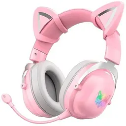Навушники Onikuma Bluetooth Gaming CAT with LED B100 (B20), BT5.0, AUX, 1000mAh, 15-22h, pink